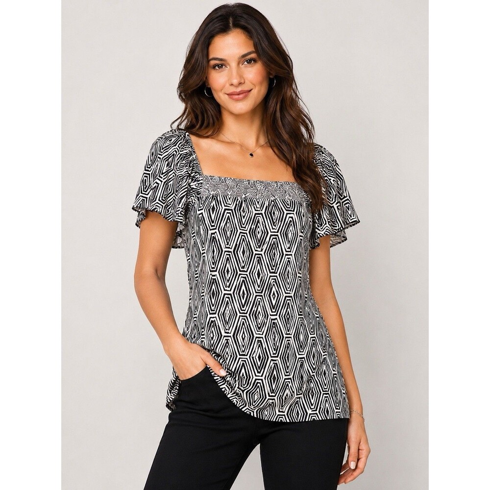 INC International Concepts Geometric Flutter Sleeve Stretch Top Large Square